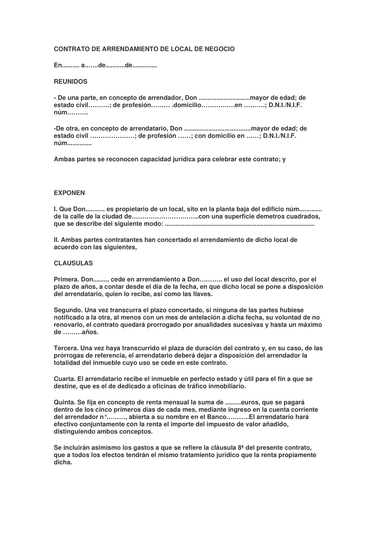 Modelos Contrato De Arrendamiento De Local De Negocio Modelo