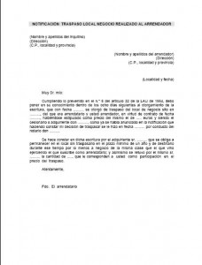 Notificación traspaso local negocio realizado al arrendador - Modelo  Contrato