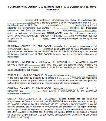 Contrato de trabajo en Colombia - Modelo Contrato