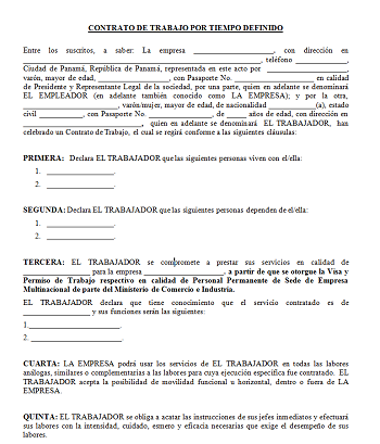 Contrato de trabajo en Panamá - Modelo Contrato